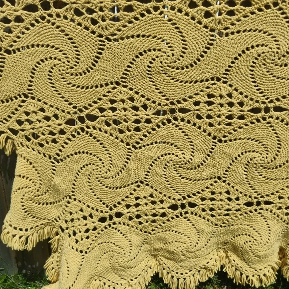Vintage Mustard Yellow Crochet Afghan Blanket Pinwheel Starburst Fringe 112x65